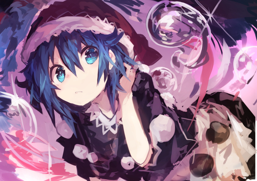 1girl absurdres bangs black_capelet blue_eyes blue_hair capelet doremy_sweet dress hair_between_eyes hand_in_hair hat highres kaamin_(mariarose753) light_frown looking_at_viewer multicolored multicolored_clothes multicolored_dress nightcap nightgown pink_background pom_pom_(clothes) sky solo sparkle touhou white_dress
