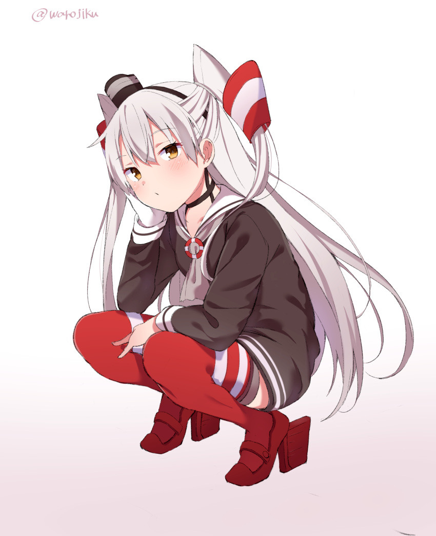 1girl absurdres amatsukaze_(kantai_collection) bangs blush brown_dress dress eyebrows_visible_through_hair full_body gloves hair_tubes hat highres innertube kantai_collection long_hair long_sleeves mini_hat red_legwear sailor_collar sailor_dress short_dress silver_hair simple_background single_glove solo squatting striped striped_legwear thighs twitter_username two_side_up warojiku white_background white_gloves windsock yellow_eyes