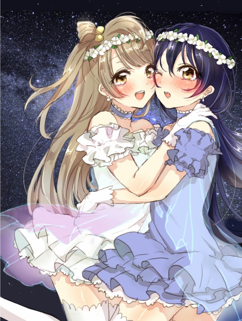 2girls aoi_chiruko bangs bare_shoulders blue_hair blush cheek-to-cheek choker commentary_request dress earrings eyebrows_visible_through_hair flower gloves hair_between_eyes hair_ornament hands_on_another's_shoulders head_wreath highres jewelry long_hair looking_at_viewer love_live! love_live!_school_idol_project minami_kotori multiple_girls one_eye_closed open_mouth smile sonoda_umi thigh-highs white_gloves yellow_eyes yume_no_tobira