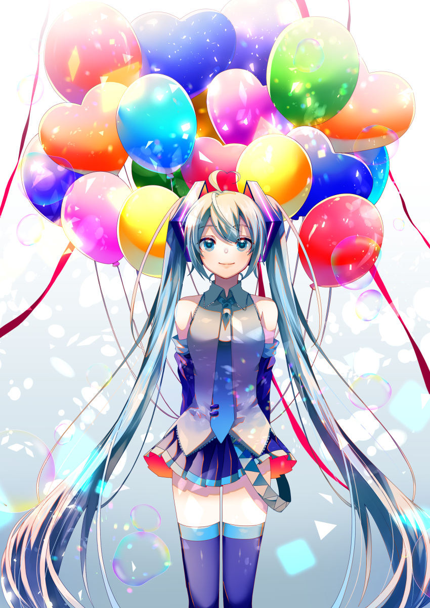 1girl absurdres arms_behind_back backlighting balloon bangs bare_shoulders black_legwear black_skirt blue_background blue_hair blue_neckwear blurry bokeh breasts bubble colorful confetti cowboy_shot depth_of_field detached_sleeves dot_nose eyebrows_visible_through_hair gradient gradient_background grey_background grey_shirt happy hatsune_miku heart_balloon highres long_hair looking_at_viewer necktie pleated_skirt shaded_face shirayuki_towa shirt simple_background skirt sleeveless sleeveless_shirt small_breasts smile solo thigh-highs twintails very_long_hair vocaloid white_background zettai_ryouiki