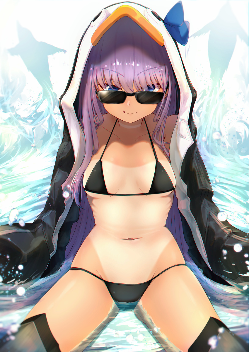 1girl absurdres animal_costume animal_hood bangs bikini black_bikini black_jacket black_legwear blue_eyes breasts collarbone commentary_request dolphin eyebrows_visible_through_hair fate/grand_order fate_(series) hair_between_eyes highres hood in_water jacket karu_(ricardo_2628) long_hair looking_at_viewer meltryllis meltryllis_(swimsuit_lancer)_(fate) navel open_clothes open_jacket penguin_costume penguin_hood sitting small_breasts solo sunglasses swimsuit tan thigh-highs tongue tongue_out water white_jacket