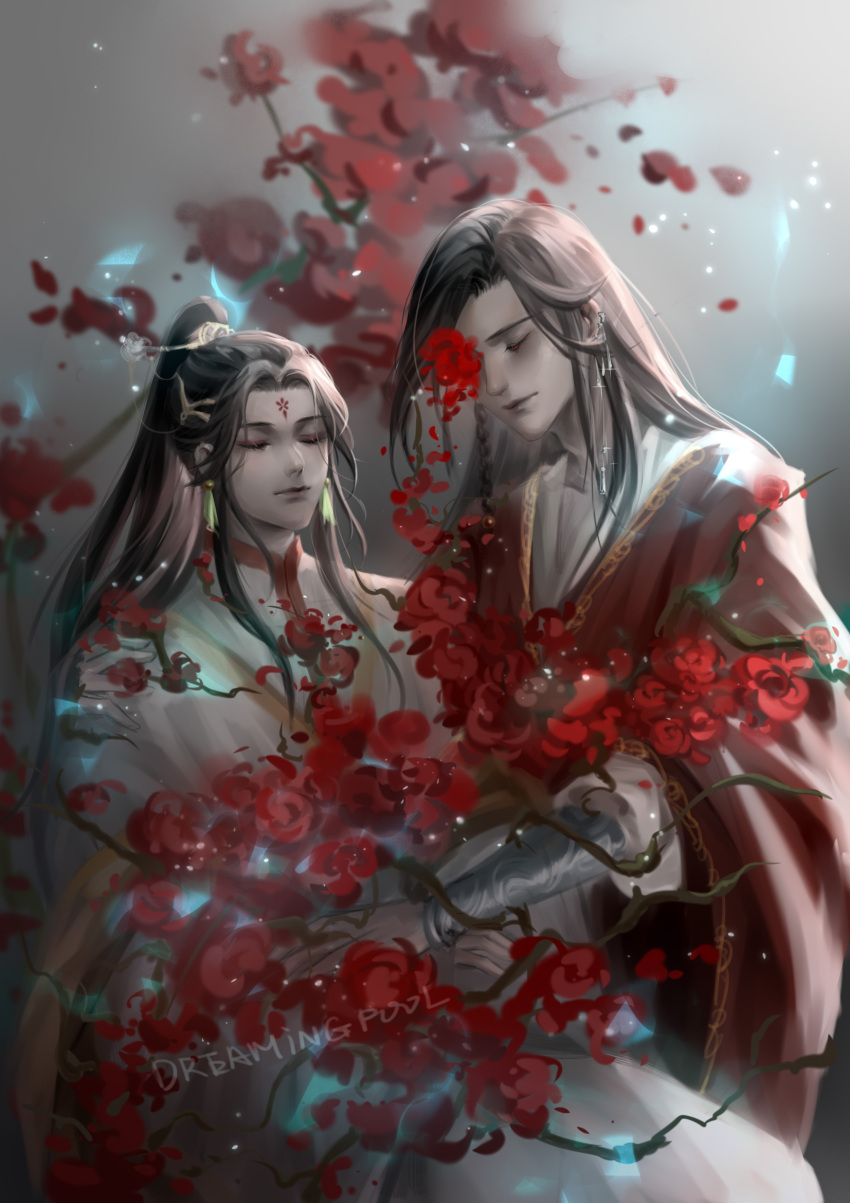 2boys artist_name blurry blurry_background bouquet chinese_clothes closed_eyes copyright_request dreamingpool earrings facing_viewer flower forehead grey_background hair_ornament hair_stick highres holding_hands jewelry long_hair multiple_boys ponytail red_flower sitting sketch very_long_hair wide_sleeves yaoi