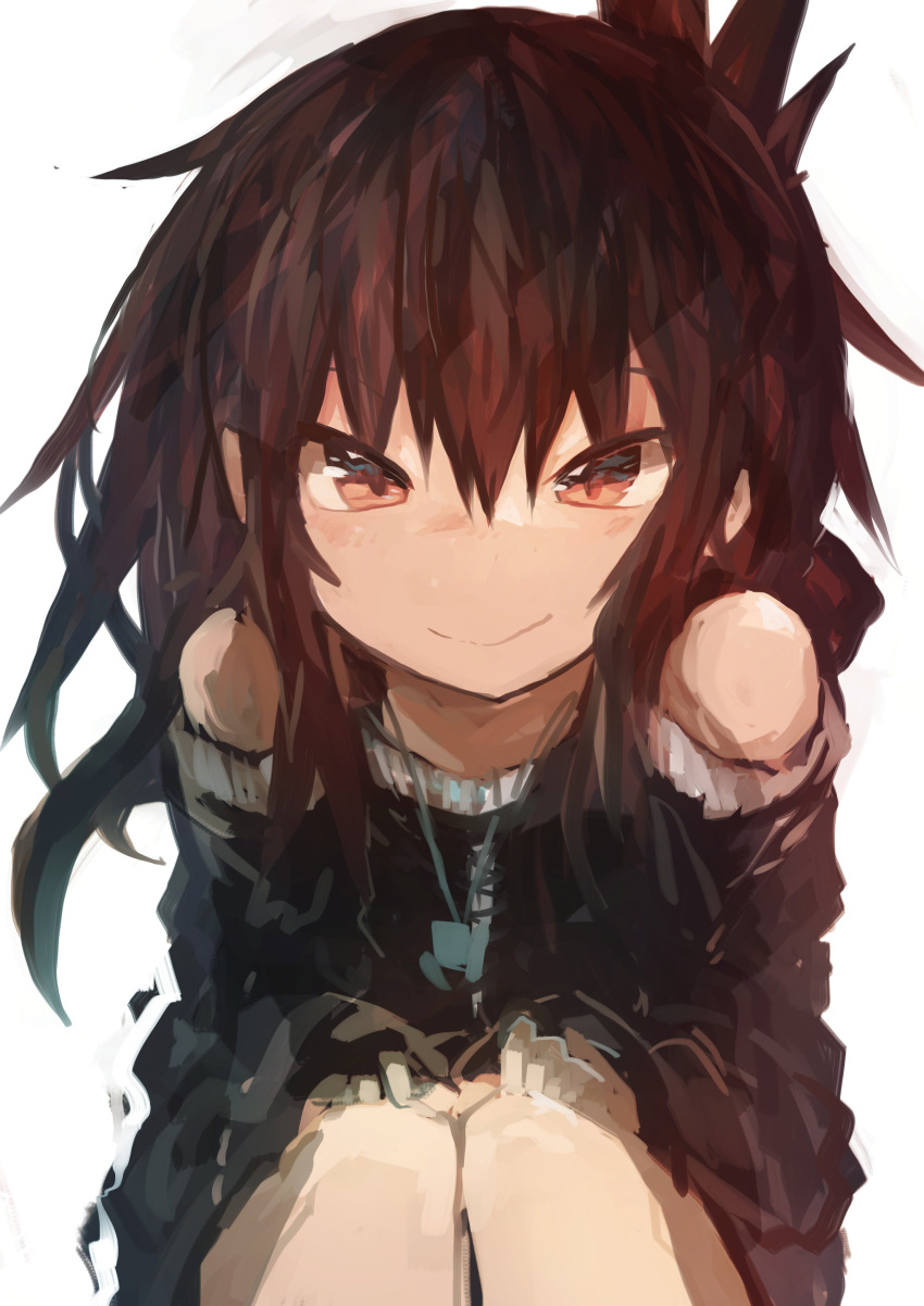 1girl absurdres alternate_costume bangs bare_shoulders black_shirt blush brown_eyes brown_hair folded_ponytail hair_between_eyes hands_on_own_knees highres inazuma_(kantai_collection) jewelry kaamin_(mariarose753) kantai_collection legs_together long_sleeves looking_at_viewer necklace nose_blush off-shoulder_shirt off_shoulder shirt sidelocks smile solo squatting white_background
