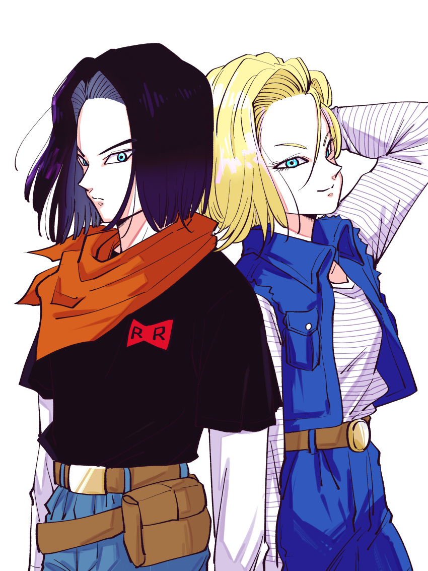 1boy 1girl absurdres android_17 android_18 arm_at_side arms_at_sides back-to-back belt black_hair black_shirt blonde_hair blue_eyes brother_and_sister denim denim_skirt dragon_ball dragon_ball_z expressionless fanny_pack floating_hair hand_in_hair highres horizontal_stripes jeans light_smile long_sleeves looking_away miiko_(drops7) neckerchief orange_neckwear pants red_ribbon_army shirt short_hair short_sleeves siblings simple_background skirt smile standing striped striped_shirt twins upper_body waistcoat white_background