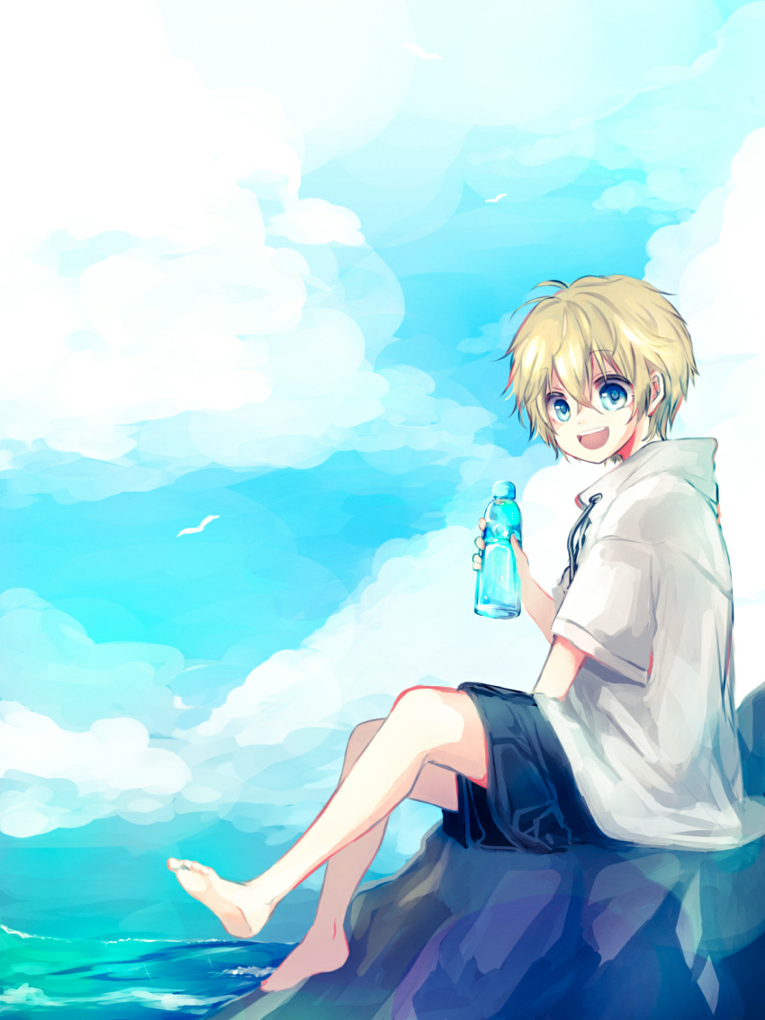 1boy aliceboyfactory barefoot blonde_hair blue_eyes bottle commentary hair_between_eyes highres looking_at_viewer open_mouth original outdoors parka sitting sky smile solo water