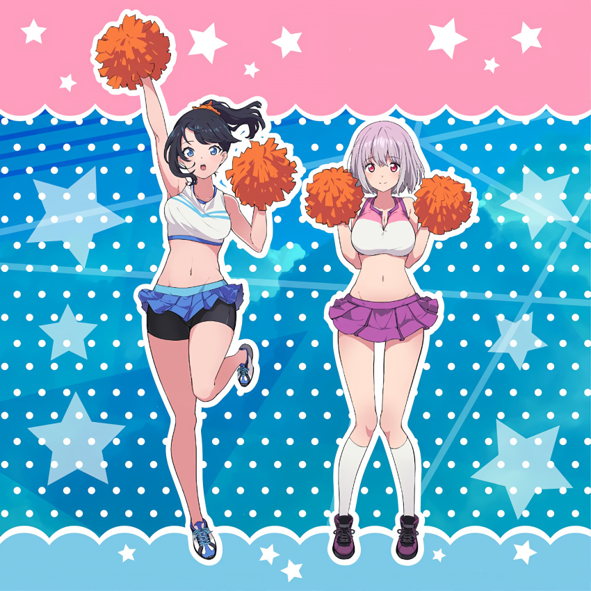 2girls armpits bike_shorts blue_eyes breasts cheerleader highres jumping large_breasts leg_up miniskirt multiple_girls navel official_art pink_eyes pink_hair ponytail shinjou_akane shoes short_hair skirt sneakers socks ssss.gridman stomach takarada_rikka