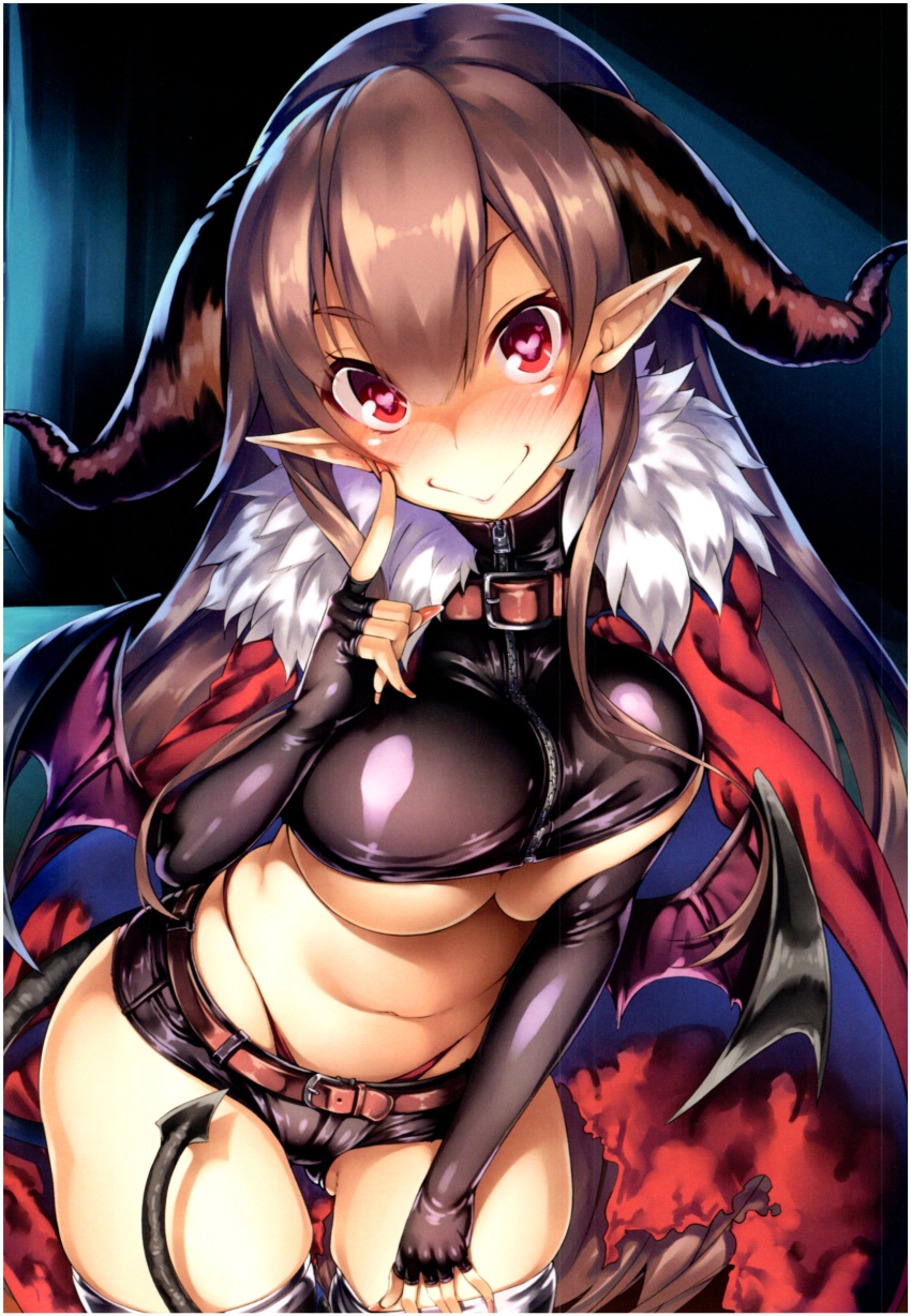 absurdres breasts brown_hair demon_girl demon_horns demon_tail demon_wings heart heart-shaped_pupils highres horns ichijou_hitoshi large_breasts original red_eyes symbol-shaped_pupils tail wings