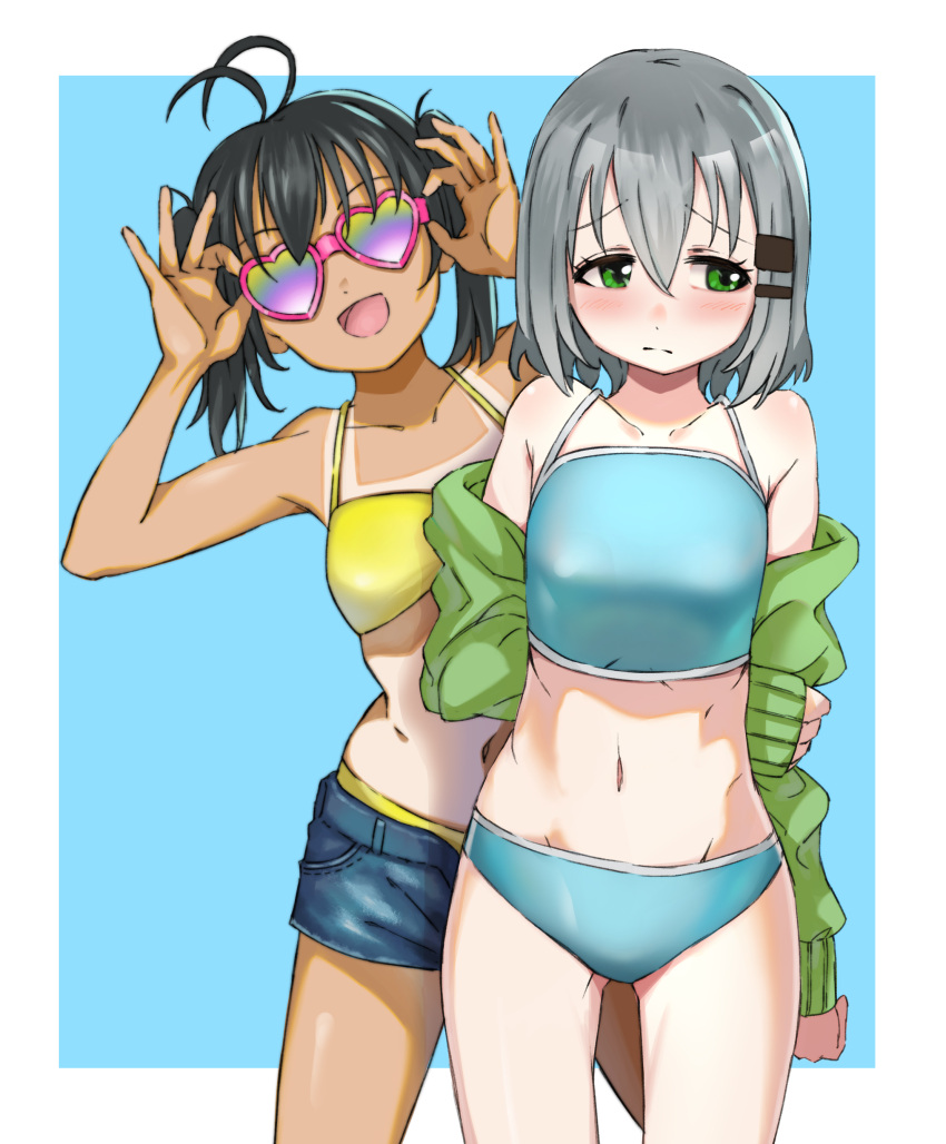 2girls :d absurdres ahoge aqua_swimsuit arms_behind_back bikini black_hair blue_background blush border closed_mouth collarbone commentary_request cowboy_shot eyebrows_visible_through_hair furrowed_eyebrows green_eyes groin hair_ornament hairclip heart highres kuraue_hinata leaning_to_the_side looking_away miyujin multiple_girls navel open_mouth outside_border shorts silver_hair smile standing sunglasses swimsuit swimsuit_under_clothes tan tanline twintails yama_no_susume yellow_bikini yukimura_aoi