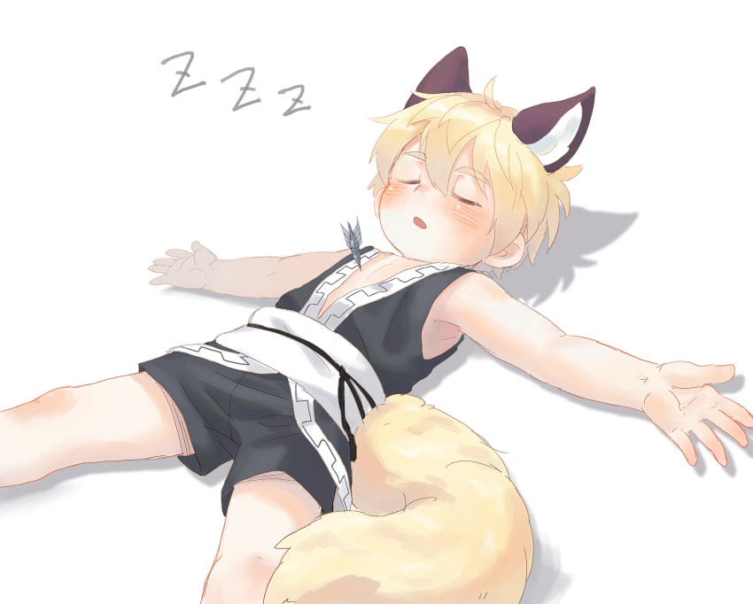 1boy animal_ears blonde_hair blush dart fox_boy fox_ears fox_tail highres japanese_clothes lying male_focus on_back on_ground original shotac0n simple_background sleeping solo tail tranquilizer_dart white_background zzz