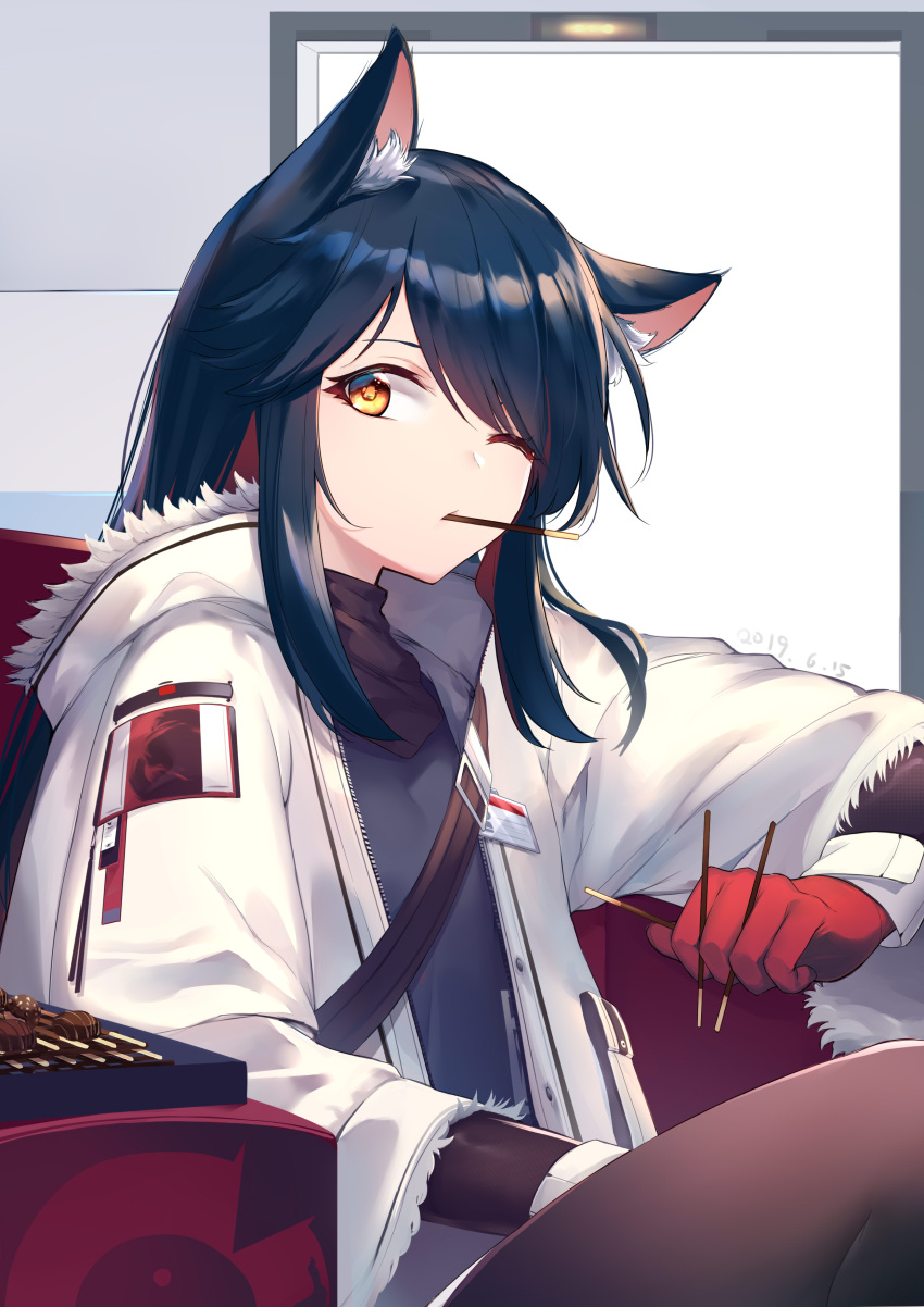 1girl absurdres animal_ear_fluff animal_ears arknights badge baishang_canzhuo black_hair brown_eyes commentary_request food food_in_mouth fur-trimmed_jacket fur_trim gloves hair_over_one_eye highres holding holding_food jacket long_hair one_eye_closed pocky red_gloves sitting solo sweater texas_(arknights) turtleneck turtleneck_sweater white_jacket wolf_ears