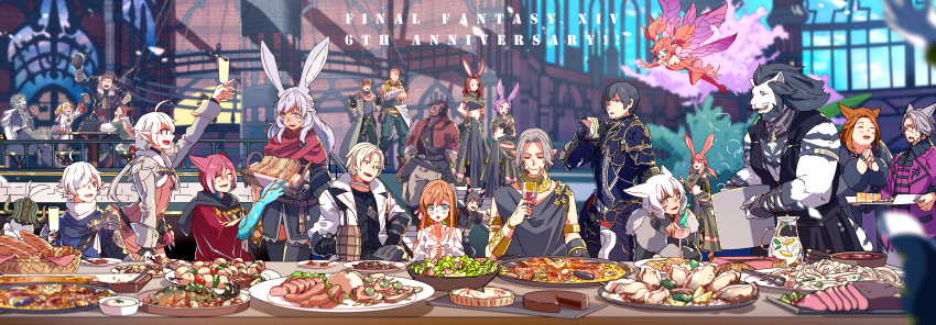 6+boys 6+girls absurdres ahoge alisaie_leveilleur alphinaud_leveilleur animal_ears ardbert_(warrior_of_darkness) au_ra black_hair black_mage blonde_hair blue_eyes blurry blurry_background brown_hair cat_ears cat_tail champagne_flute closed_eyes commentary_request crystal_exarch cup dark_knight_(final_fantasy) drinking_glass elbow_gloves elezen elf everyone facial_mark fairy_wings fangs feo_ul final_fantasy final_fantasy_xiv fingerless_gloves food furry glasses gloves goggles goggles_around_neck hat helmet highres hrothgar huge_filesize hyur indoors lalafell lili_mdoki long_hair looking_at_viewer lyna_(ff14) midriff miqo'te multiple_boys multiple_girls open_mouth orange_hair pointy_ears purple_hair rabbit_ears redhead roegadyn ryne short_hair silver_hair slit_pupils smile tail thancred_waters thigh-highs twintails urianger_augurelt viera warrior_of_light white_hair wings y'shtola_rhul