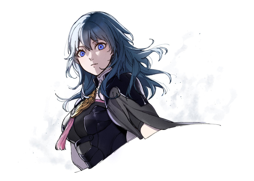 1girl armor armored_dress blue_eyes blue_hair breasts byleth_(fire_emblem) byleth_eisner_(female) cape clovisxvii eyebrows_visible_through_hair fire_emblem fire_emblem:_three_houses floating_hair hair_between_eyes high_collar highres looking_at_viewer medium_breasts medium_hair simple_background solo upper_body white_background