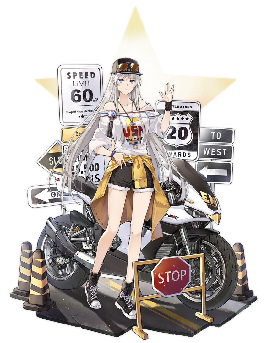 1girl alternate_costume azur_lane bare_legs baseball_cap black_footwear black_headwear black_shorts breasts closed_mouth clothes_around_waist clothes_writing collarbone directional_arrow enterprise_(azur_lane) eyewear_on_headwear full_body fur_trim ground_vehicle hand_up hao_(patinnko) hat highres jacket jacket_around_waist jewelry long_hair looking_at_viewer medium_breasts motor_vehicle motorcycle necklace off-shoulder_shirt off_shoulder official_art salute shirt shoes short_shorts shorts sidelocks sign silver_hair smile solo speed_limit_sign standing star star_trek stop_sign sunglasses sweatband tachi-e traffic_cone transparent_background very_long_hair violet_eyes vulcan_salute watch watch white_shirt yellow_jacket