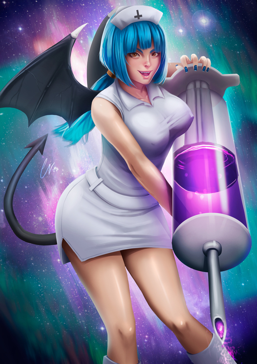 1girl breasts carlos_vasseur castlevania commentary covered_nipples demon_girl demon_wings dress hat highres looking_at_viewer nurse nurse_cap open_mouth short_hair smile solo syringe wings