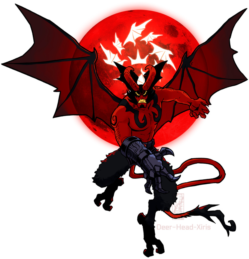 1boy artist_name bat_wings black_hair clawed_gauntlets claws commentary crossover deer-head demon demon_boy demon_horns demon_tail demon_wings devilman devilman_(character) devilman_crybaby english_commentary eyebrows fangs fusion gauntlets hair_wings head_fins head_wings hellboy hellboy_(comic) highres horns large_wings male_focus moon navel no_pupils red_moon red_skin short_hair sideburns signature tail tattoo transparent_background wings yellow_eyes