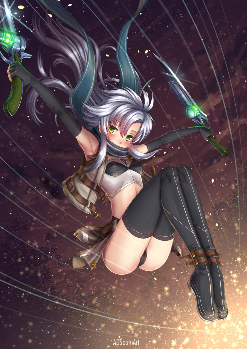 1girl adsouto armpits bangs black_footwear black_gloves black_panties blush boots crop_top dual_wielding eiyuu_densetsu elbow_gloves eyebrows_visible_through_hair fie_claussell fingerless_gloves floating_hair full_body gloves green_eyes gun highres holding holding_gun holding_weapon long_hair looking_at_viewer midriff panties scarf scarf_over_mouth shiny shiny_hair silver_hair solo stomach thigh-highs thigh_boots underwear very_long_hair weapon