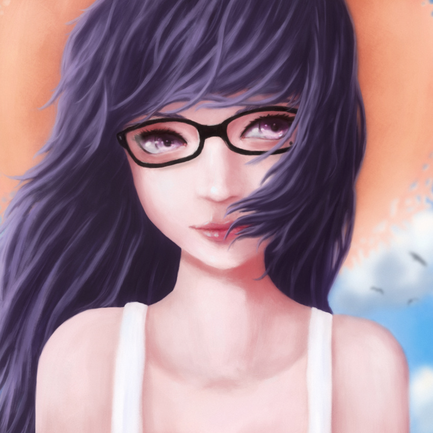 1girl bangs bare_shoulders black_hair blackreven blue_sky close-up clouds day glasses gokou_ruri hat highres long_hair mole mole_under_eye ore_no_imouto_ga_konna_ni_kawaii_wake_ga_nai outdoors self_upload sky solo upper_body violet_eyes wind