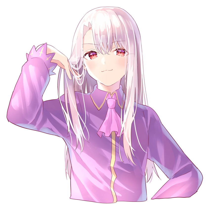 1girl absurdres closed_mouth collared_shirt cropped_torso dress_shirt fate/stay_night fate_(series) hair_between_eyes hand_in_hair highres illyasviel_von_einzbern long_hair long_sleeves looking_at_viewer lq_saku pink_neckwear purple_shirt red_eyes shirt silver_hair simple_background smile smug solo straight_hair upper_body white_background wing_collar