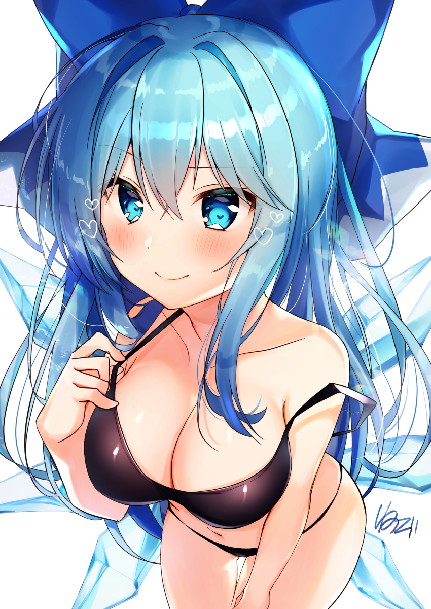 1girl absurdres alternate_breast_size alternate_hair_length alternate_hairstyle bangs bare_arms bare_shoulders bikini black_bikini blue_bow blue_eyes blue_hair blush bow breasts cirno collarbone commentary_request cowboy_shot eyebrows_visible_through_hair hair_between_eyes hair_bow hair_intakes hand_up highres ice ice_wings large_breasts leaning_forward long_hair looking_at_viewer navel nenobi_(nenorium) partial_commentary pulled_by_self sidelocks signature simple_background smile solo standing stomach strap_pull strap_slip swimsuit thighs touhou translated white_background wings