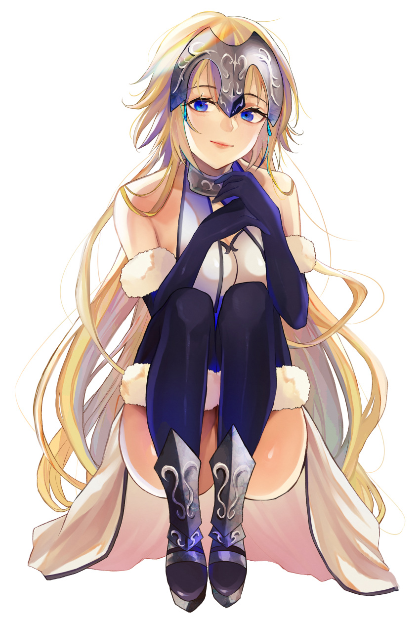 1girl absurdres armored_boots black_gloves black_legwear blonde_hair blue_eyes boots closed_mouth dress elbow_gloves eyebrows_visible_through_hair fate/apocrypha fate_(series) floating_hair full_body fur-trimmed_gloves fur-trimmed_legwear fur_trim gloves headpiece highres jeanne_d'arc_(fate) jeanne_d'arc_(fate)_(all) long_hair mishasimarina0130 shiny shiny_skin short_dress simple_background sleeveless sleeveless_dress smile solo squatting thigh-highs very_long_hair white_background white_dress