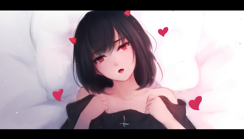 1girl bangs bare_shoulders black_hair commentary eyebrows_visible_through_hair face fang hair_between_eyes heart horns looking_at_viewer lying on_back original red_eyes red_horns saliva shimmer short_hair solo tearing_up tongue tongue_out