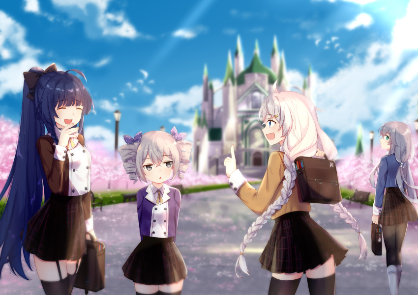 4girls :d absurdres ahoge arms_behind_back bangs black_bow black_legwear black_skirt blue_eyes blue_hair blue_jacket blue_sky blurry blurry_background blush boots bow braid breasts bronya_zaychik brown_jacket building cherry_blossoms closed_eyes clouds collared_shirt commentary_request day depth_of_field drill_hair eyebrows_visible_through_hair fang flower fufumi garter_straps green_eyes grey_eyes grey_hair hair_between_eyes hair_bow hair_ornament hair_ribbon hairclip high_ponytail highres holding honkai_(series) honkai_impact_3rd index_finger_raised jacket kiana_kaslana knee_boots lamppost long_hair long_sleeves low_twintails multiple_girls open_mouth outdoors pantyhose parted_lips pink_flower plaid plaid_skirt pleated_skirt ponytail profile purple_jacket purple_ribbon raiden_mei ribbon school_briefcase school_uniform shirt skirt sky small_breasts smile theresa_apocalypse thigh-highs twin_braids twin_drills twintails very_long_hair white_footwear white_hair white_shirt