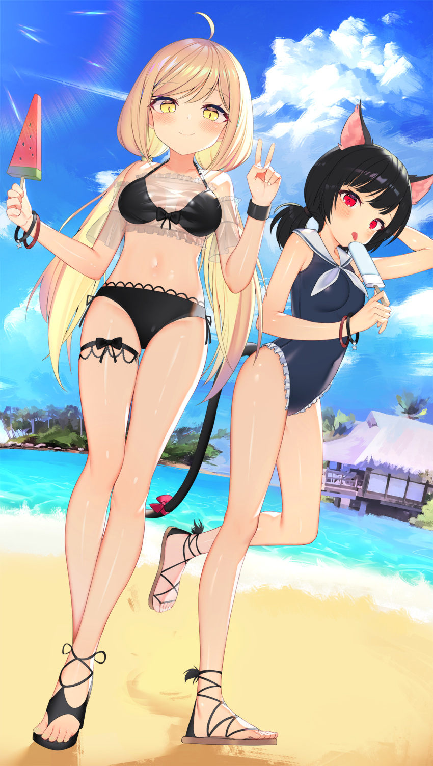 2girls animal_ears arm_up bangs beach bikini black_bikini black_hair blonde_hair blue_sky blush bracelet breasts building cat_ears cat_tail day eyebrows_visible_through_hair food highres jewelry leg_garter long_hair looking_at_viewer low_twintails medium_breasts multiple_girls one-piece_swimsuit original outdoors popsicle red_eyes sailor_collar sandals see-through short_hair sky smile swimsuit tail tongue tongue_out tttanggvl twintails v water watermelon_bar yellow_eyes