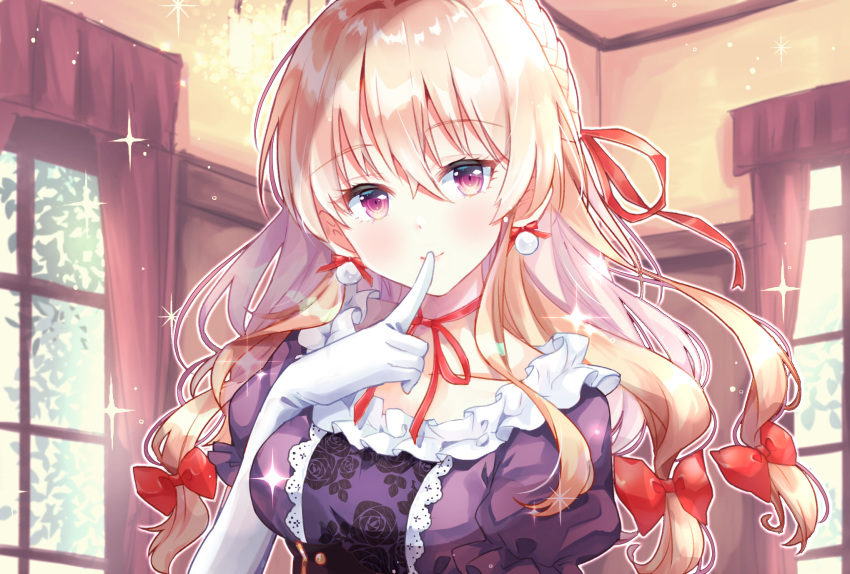 1girl bangs blonde_hair blush bow braid breasts choker commentary_request curtains dress earrings eyebrows_visible_through_hair finger_to_mouth frills gloves hair_between_eyes hair_bow hair_ribbon hand_up highres indoors jewelry lace_trim long_hair looking_at_viewer medium_breasts no_hat no_headwear outline owatatsutake puffy_short_sleeves puffy_sleeves purple_dress red_bow red_choker red_ribbon ribbon ribbon_choker short_sleeves smile solo sparkle touhou upper_body violet_eyes white_gloves white_outline window yakumo_yukari