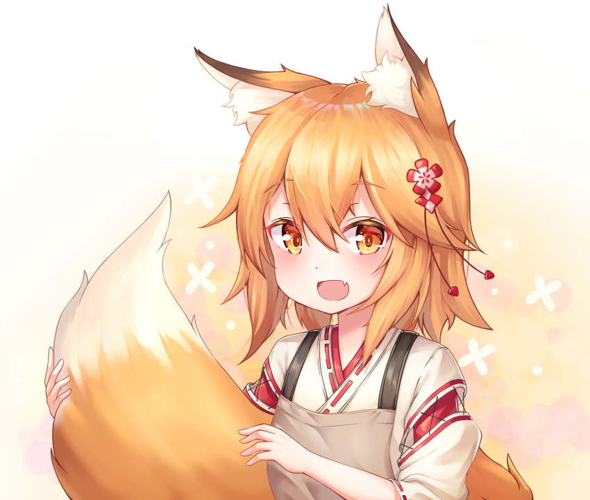 animal_ear_fluff animal_ears apron brown_apron brown_eyes brown_hair fang fox_ears fox_girl fox_tail hair_ornament highres japanese_clothes mannaku miko open_mouth senko_(sewayaki_kitsune_no_senko-san) sewayaki_kitsune_no_senko-san shirt short_hair smile tail tail_hold upper_body white_shirt