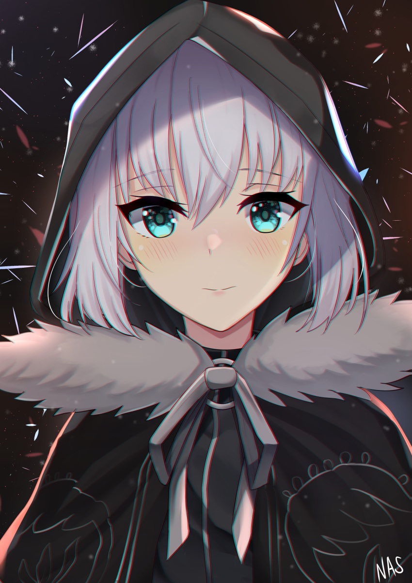 1girl absurdres bangs black_cape blue_eyes blush cape closed_mouth eyebrows_visible_through_hair fate_(series) fur_cape gray_(lord_el-melloi_ii) grey_ribbon hair_between_eyes highres hooded looking_at_viewer lord_el-melloi_ii_case_files nassss neck_ribbon ribbon short_hair signature silver_hair solo upper_body