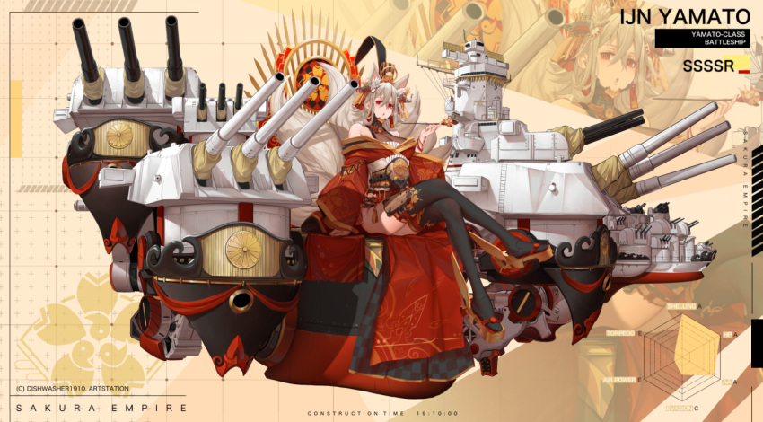 1girl animal_ears arm_support artist_name azur_lane bangs bare_shoulders black_legwear breasts brown_footwear cannon commentary crossed_legs dishwasher1910 english_commentary fox_ears fox_girl fox_tail hair_between_eyes hair_ornament hand_up holding holding_pipe japanese_clothes kimono kiseru kitsune large_breasts long_sleeves machinery obi off_shoulder original parted_lips personification pipe platform_footwear platform_heels radar_chart red_eyes red_kimono sash short_kimono sitting solo tail thigh-highs turret wide_sleeves zoom_layer