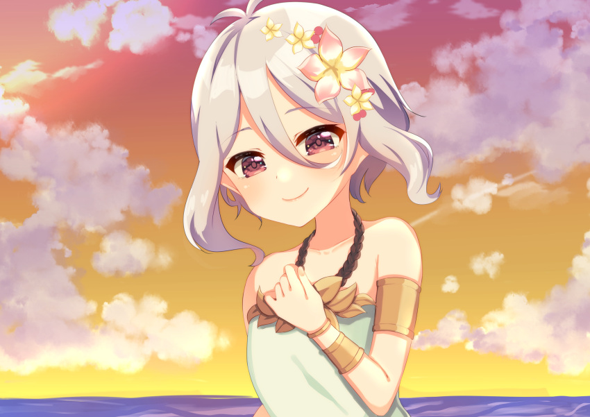 1girl antenna_hair bangs bare_shoulders blush closed_mouth clouds cloudy_sky collarbone commentary_request eyebrows_visible_through_hair fingernails flower green_swimsuit hair_between_eyes hair_flower hair_ornament halterneck hand_up highres horizon kokkoro_(princess_connect!) ocean pink_flower princess_connect! princess_connect!_re:dive red_eyes silver_hair sky smile solo suzu_(minagi) swimsuit upper_body water yellow_flower