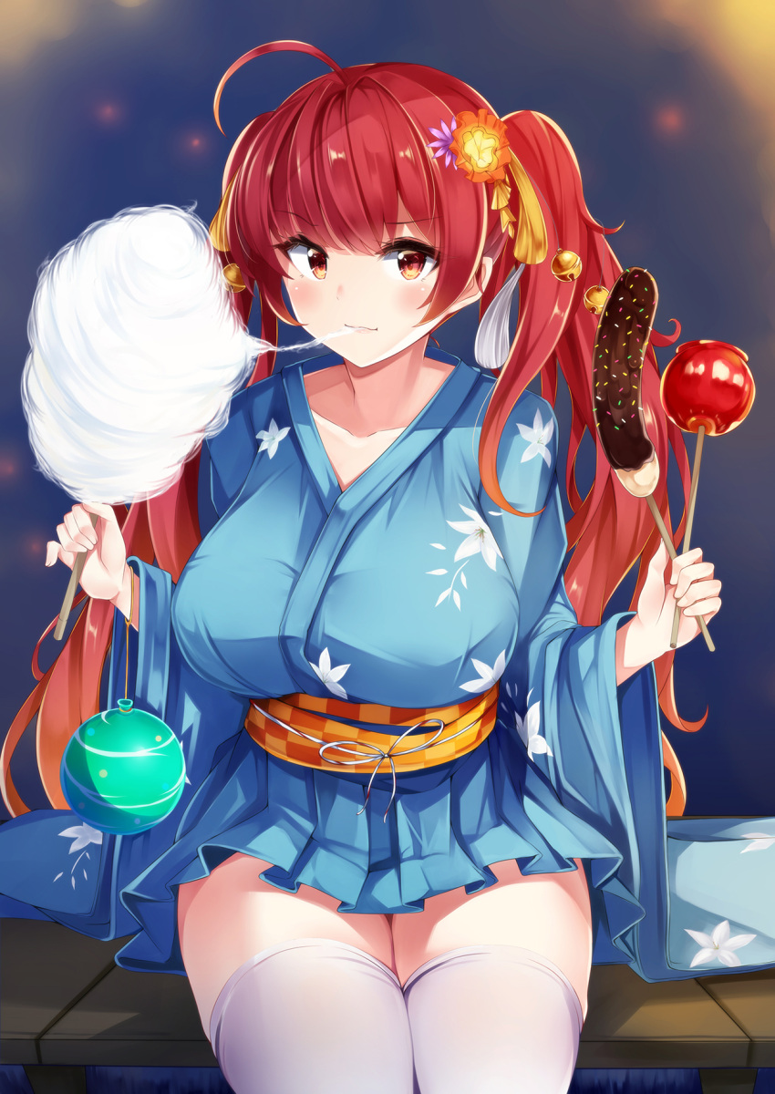 1girl ahoge azur_lane bangs blue_kimono blush breasts candy_apple chocolate_banana collarbone commentary_request cotton_candy eating eyebrows_visible_through_hair floral_print flower food hair_flower hair_ornament highres holding holding_food honolulu_(azur_lane) irohasu japanese_clothes kimono large_breasts long_hair long_sleeves looking_at_viewer multicolored_hair orange_hair red_eyes redhead sitting solo thigh-highs thighs twintails two-tone_hair very_long_hair white_legwear wide_sleeves yukata