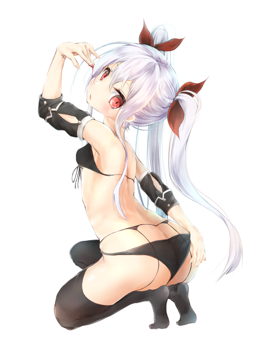 1girl absurdres arm_up ass azur_lane bangs black_bra black_legwear black_panties black_sleeves blood bra breasts commentary_request detached_sleeves eyebrows_visible_through_hair full_body garter_belt hair_between_eyes hair_ribbon highres long_hair maru_shion medium_breasts no_shoes one_knee panties red_eyes red_ribbon ribbon short_sleeves silver_hair simple_background soles solo thigh-highs twintails underwear vampire_(azur_lane) very_long_hair white_background