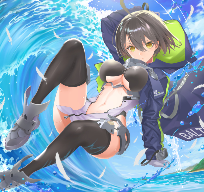 1girl ahoge arm_up azur_lane baltimore_(azur_lane) bangs black_hair black_legwear blue_jacket blue_sky breasts center_opening closed_mouth clouds commentary_request day hair_between_eyes highres hood hooded_jacket horizon jacket knee_up large_breasts long_sleeves looking_at_viewer nanam_(nanam_sk) navel ocean open_clothes open_jacket outdoors shoes short_hair sky solo stomach sunlight thigh-highs thighs water waves yellow_eyes