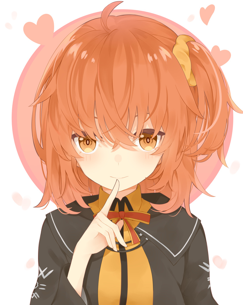 1girl ahoge bangs black_jacket blush commentary_request face fate/grand_order fate_(series) finger_to_mouth fujimaru_ritsuka_(female) hair_ornament hair_scrunchie heart highres jacket looking_at_viewer orange_eyes orange_hair orange_scrunchie red_ribbon ribbon scrunchie short_hair smile solo younomiti