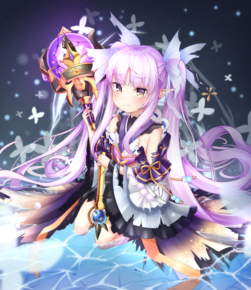 1girl absurdres black_skirt broken bug butterfly crack detached_sleeves highres hikawa_kyoka insect long_hair mannaku pointy_ears princess_connect! princess_connect!_re:dive purple_hair ribbon sitting skirt solo staff tears torn_clothes torn_sleeves twintails very_long_hair violet_eyes water weapon