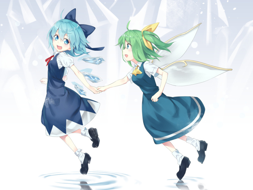 2girls :d ahoge ascot asutora bangs black_footwear blue_bow blue_dress blue_eyes blue_hair blush bow breasts cirno commentary_request daiyousei dress eyebrows_visible_through_hair fairy_wings from_side full_body hair_between_eyes hair_bow hair_ribbon holding_hand holding_hands ice ice_wings loafers looking_at_another medium_breasts multiple_girls neck_ribbon one_side_up open_mouth pinafore_dress profile puffy_short_sleeves puffy_sleeves red_neckwear red_ribbon reflection ribbon ripples shirt shoes short_hair short_sleeves smile socks touhou white_background white_legwear white_shirt wing_collar wings yellow_neckwear yellow_ribbon