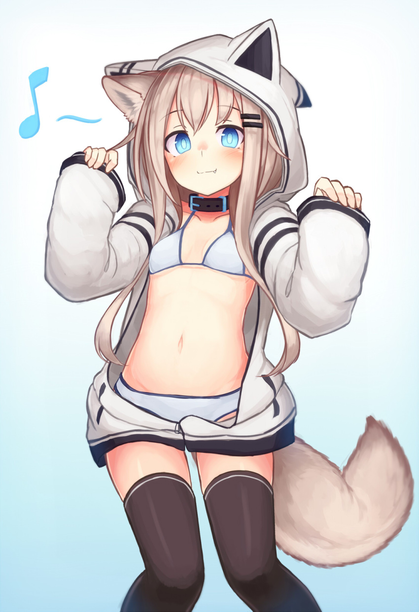 1girl animal_ears animal_hood bikini bikini_under_clothes blue_eyes breasts commentary_request fang fang_out highres hood hood_up hoodie light_brown_hair long_hair long_sleeves musical_note naked_hoodie no_pants open_clothes original partially_unzipped reitou_mikan sleeves_past_wrists small_breasts smile swimsuit tail thigh-highs