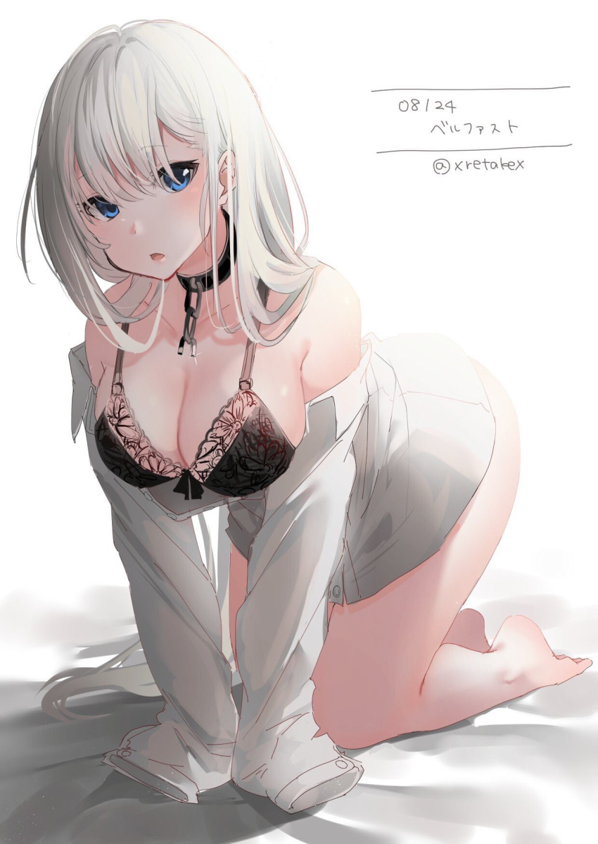 1girl :o all_fours artist_name azur_lane bangs barefoot belfast_(azur_lane) black_bra blue_eyes blush bra breasts chain character_name collar collarbone dated eyebrows_visible_through_hair highres large_breasts lingerie long_hair looking_at_viewer off_shoulder silver_hair simple_background sleeves_past_fingers sleeves_past_wrists solo twitter_username underwear white_background xretakex