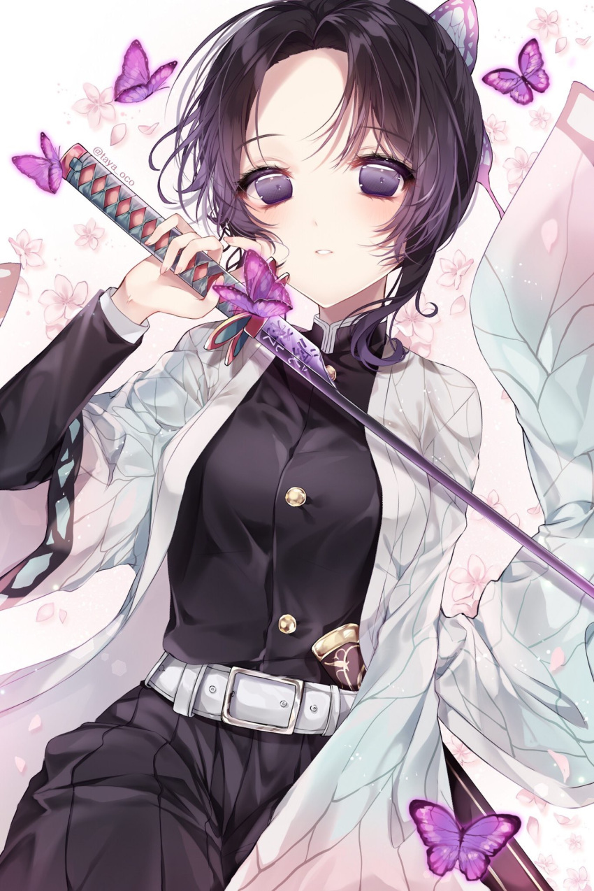 1girl animal bangs belt belt_buckle black_jacket black_skirt breasts buckle bug butterfly butterfly_hair_ornament commentary_request eyebrows_visible_through_hair fingernails floral_background hair_ornament hand_up highres holding holding_sword holding_weapon insect jacket katana kimetsu_no_yaiba kochou_shinobu long_sleeves looking_at_viewer medium_breasts open_clothes parted_bangs parted_lips petals pleated_skirt purple_hair sheath skirt solo sword taya_5323203 twitter_username unsheathed violet_eyes weapon white_background white_belt wide_sleeves