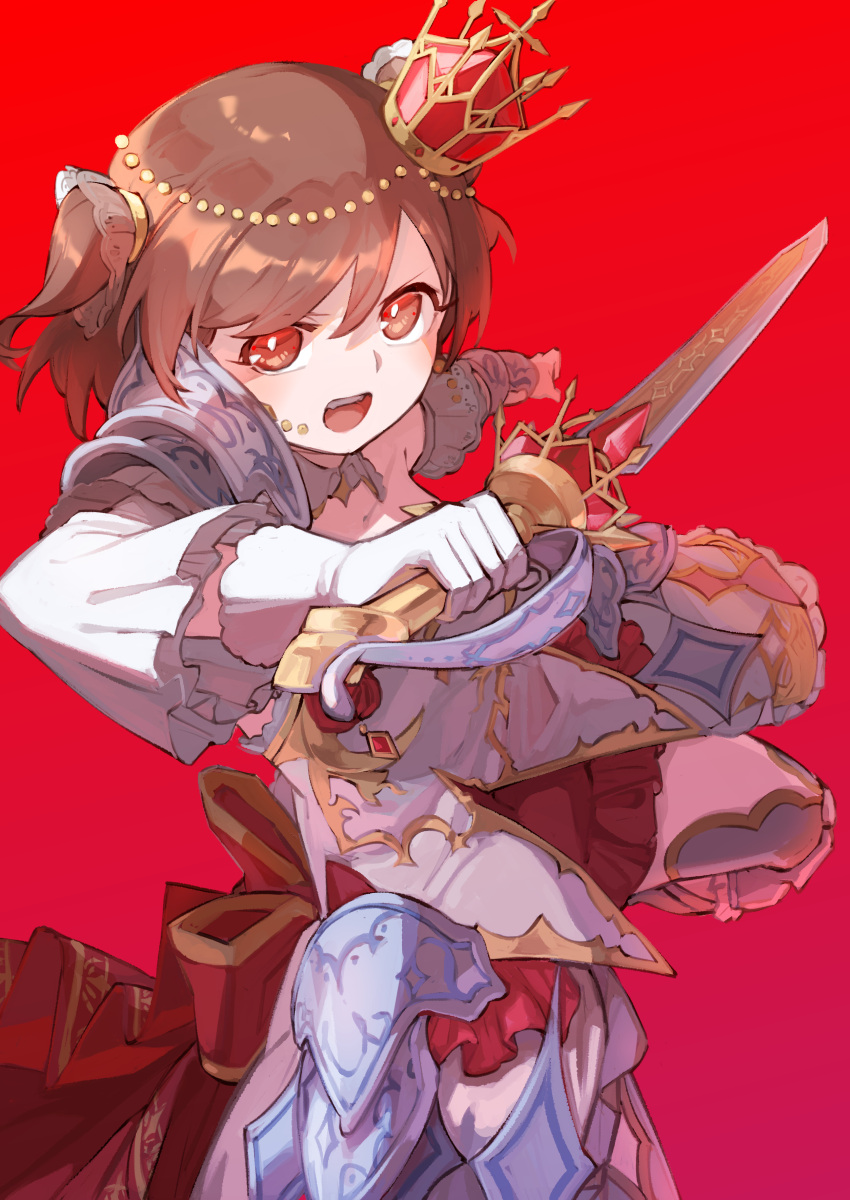 1girl absurdres aijou_karen alternate_costume armor armored_dress brown_hair commentary_request crown dress gloves goe_(g-o-e) highres mini_crown open_mouth red_background red_eyes short_hair shoujo_kageki_revue_starlight shoujo_kageki_revue_starlight_-re_live- skirt solo sword two_side_up weapon white_gloves