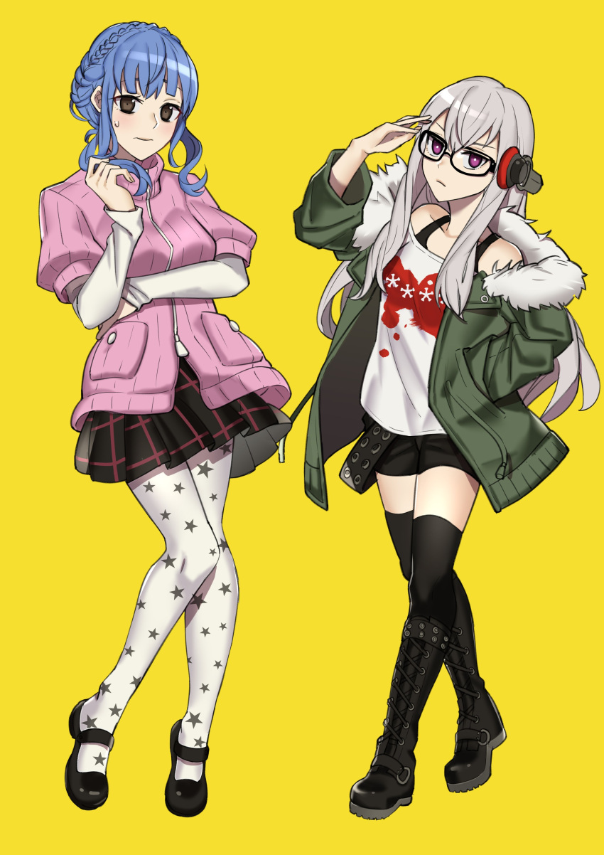 2girls absurdres atlus black_legwear blue_hair braid brown_eyes closed_mouth commission cosplay crown_braid ebinku fire_emblem fire_emblem:_three_houses fire_emblem:_three_houses fur_trim gen'ei_ibunroku_sharp_fe genei_ibunroku_#fe glasses green_jacket headphones highres intelligent_systems jacket koei_tecmo long_hair long_sleeves lysithea_von_ordelia marianne_von_edmund megami_tensei multiple_girls nintendo okumura_haru okumura_haru_(cosplay) persona persona_5 pink_eyes print_legwear sakura_futaba sakura_futaba_(cosplay) shorts simple_background skirt super_smash_bros. thigh-highs white_hair white_legwear yellow_background