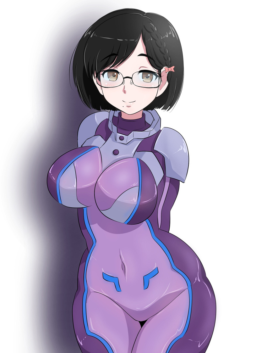 1girl arms_behind_back bangs black_hair bodysuit bow braid breasts brown_eyes covered_navel glasses hair_bow highres kanata_no_astra large_breasts looking_at_viewer mole mole_under_mouth osage_gankyou parted_bangs purple_bodysuit short_hair simple_background smile solo standing white_background yunhua_lu