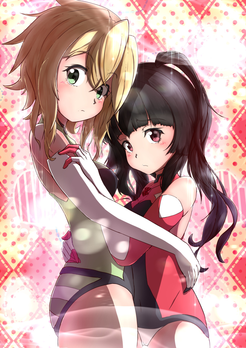 2girls akatsuki_kirika bare_shoulders black_hair blonde_hair blush breasts closed_mouth covered_navel elbow_gloves eyebrows_visible_through_hair gloves green_eyes green_panties highres hug long_hair looking_at_viewer medium_breasts multiple_girls panties red_eyes senki_zesshou_symphogear shiny shiny_hair short_hair shumashi small_breasts striped striped_panties tsukuyomi_shirabe twintails underwear white_gloves white_panties yuri