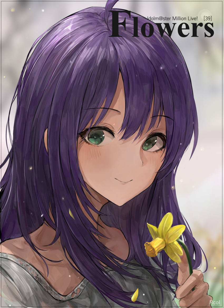 1girl ahoge bangs blurry blurry_background blush chan1moon closed_mouth commentary_request cover cover_page depth_of_field eyebrows_visible_through_hair flower green_eyes grey_shirt hair_between_eyes hand_up highres holding holding_flower idolmaster idolmaster_million_live! idolmaster_million_live!_theater_days long_hair mochizuki_anna petals purple_hair shirt smile solo upper_body yellow_flower