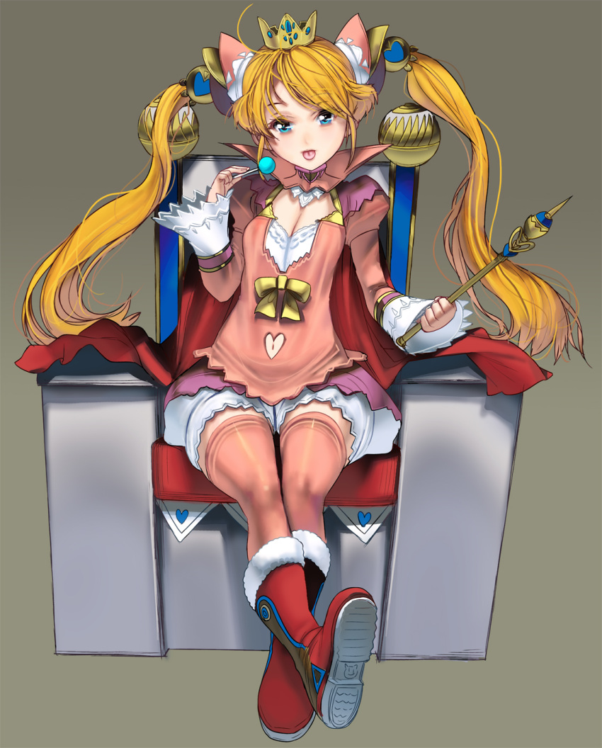 1girl :p bangs blonde_hair blue_eyes boots candy cape crossed_ankles crown food full_body fur_trim highres holding_scepter lollipop long_hair long_sleeves looking_at_viewer masao mini_crown navel_cutout orange_legwear original puffy_long_sleeves puffy_sleeves scepter sitting solo swept_bangs thigh-highs tongue tongue_out twintails