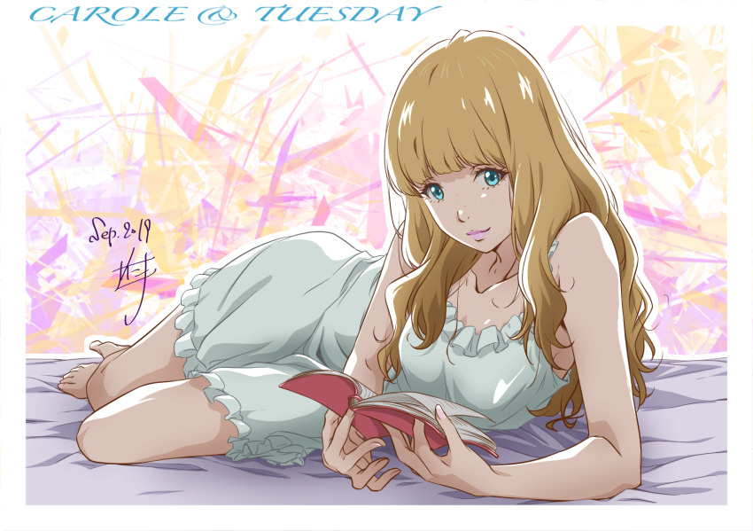 1girl aqua_eyes bangs bare_legs bare_shoulders barefoot blunt_bangs book carole_&amp;_tuesday commentary copyright_name dated freckles full_body highres holding holding_book light_brown_hair lipstick long_hair looking_at_viewer loungewear lying makeup nail_polish nii_manabu on_bed on_side open_book reading signature smile solo tuesday_simmons