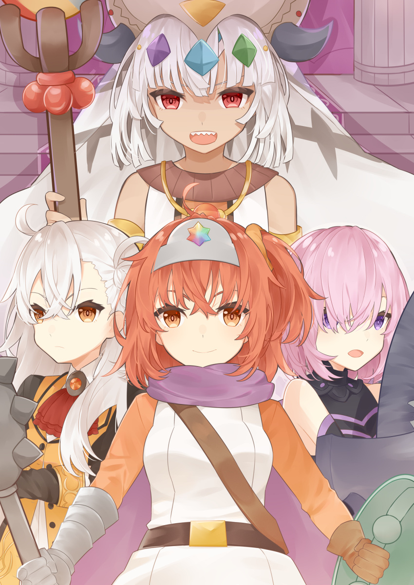 4girls ahoge bangs bare_shoulders belt black_belt breasts brown_gloves cape character_request commentary_request copyright_request crown fate/grand_order fate_(series) frown fujimaru_ritsuka_(female) gauntlets gloves hair_between_eyes hair_ornament highres holding holding_weapon horns long_hair looking_at_viewer mace mash_kyrielight medium_breasts multiple_girls orange_eyes orange_hair orange_scrunchie pink_hair red_eyes scrunchie sharp_teeth shield short_hair single_gauntlet single_glove smile teeth weapon white_hair younomiti