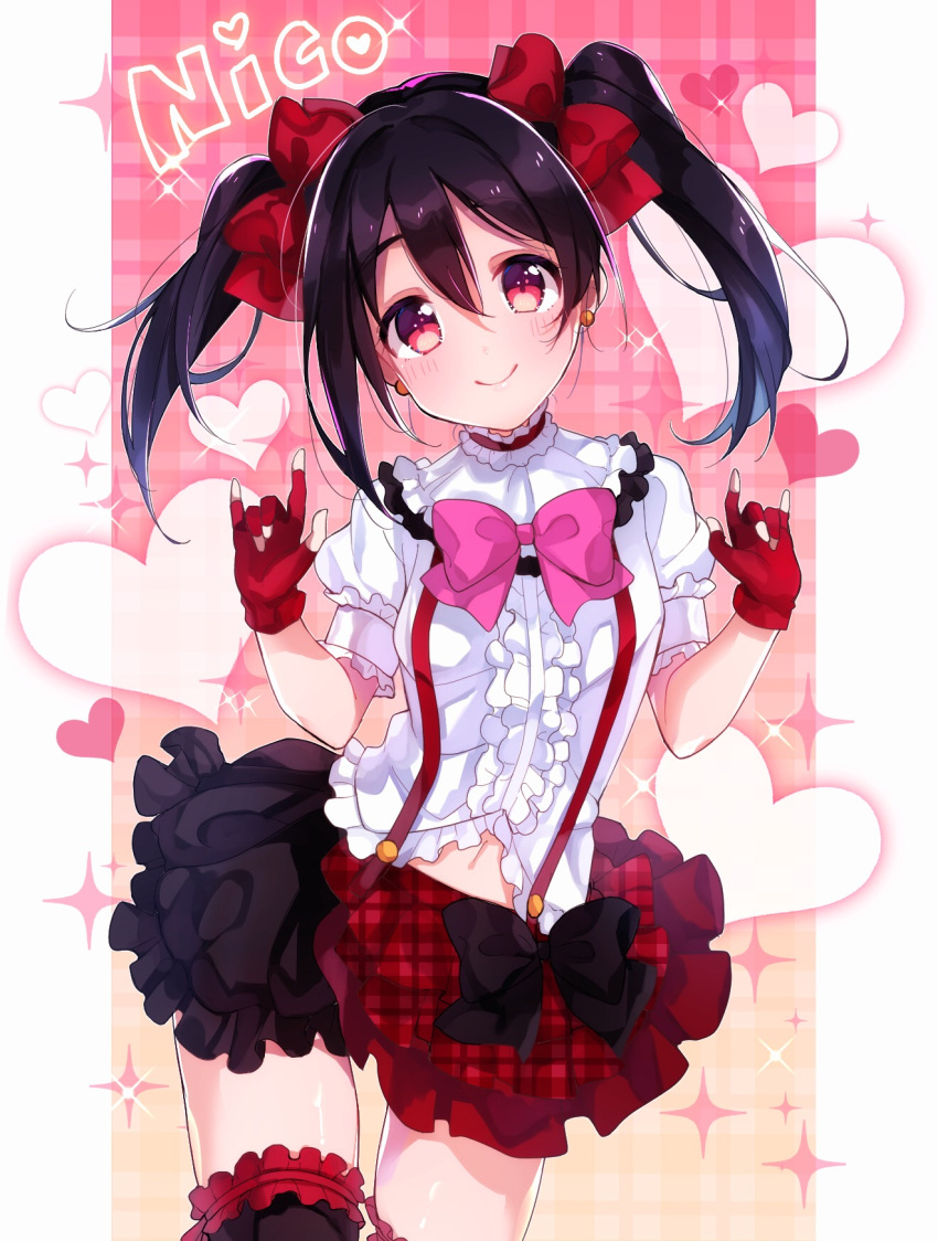 1girl \m/ bangs black_bow black_hair black_legwear blush bow center_frills character_name closed_mouth commentary_request double_\m/ earrings eyebrows_visible_through_hair fingerless_gloves frilled_legwear frilled_shirt frills gloves goroo_(eneosu) hair_between_eyes hair_bow hands_up head_tilt heart highres jewelry love_live! love_live!_school_idol_project navel nico_nico_nii pink_bow plaid plaid_background plaid_skirt puffy_short_sleeves puffy_sleeves red_bow red_eyes red_gloves red_skirt shirt short_sleeves sidelocks skirt smile solo sparkle suspender_skirt suspenders thigh-highs twintails white_shirt yazawa_nico